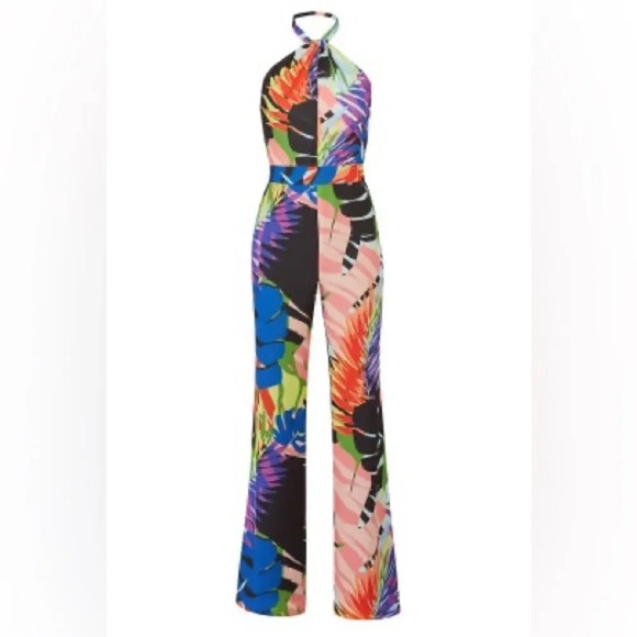 Josie by Natori NWT Black Leaf Halter Jumpsuit size 16 floral colorful women’s - Picture 2 of 11